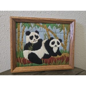 Vintage Crewel Animal Peking Pandas 11.25" x 9.25" Fiber Art 80s Wood Frame MCM